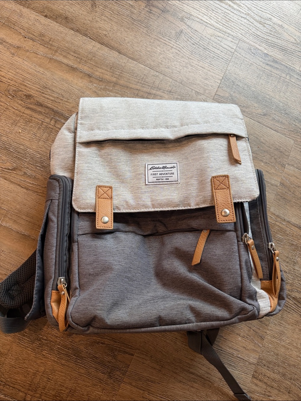 Eddie Bauer Two-Tone Beige and Gray Kids Backpack with Tan Accents